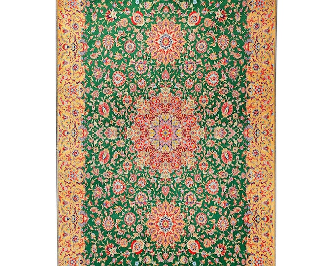 Green Yellow Floral Prayer Rug – Turkish Area Carpet and Wall Hanging – Custom Size for Living Room, Bedroom, Office and Meditation Mat