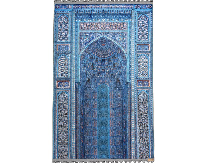 Prayer Rug - Blue Mihrab Design Islamic Mat - Muslim Gift for Her - Turkish Prayer Mat - Velvet Islamic Rug for Wall and Floor