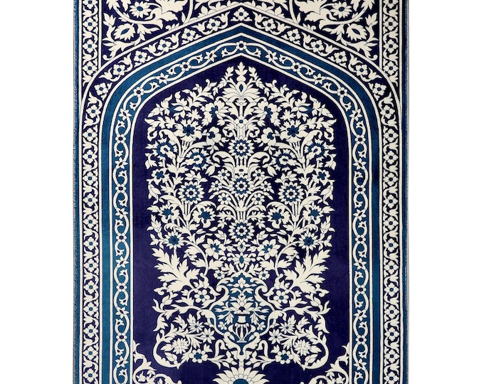 Prayer Rug – Navy Blue Ottoman Floral Style with Soft Velvet Texture – Muslim Prayer Mat for Women Men Kids – Ramadan Eid Gift