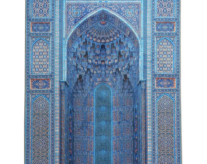 Prayer Rug Blue Mihrab Mosque Design – Custom Size Soft Islamic Carpet – Muslim Gift for Prayer Room, Home, Mom, Dad, Women, Men