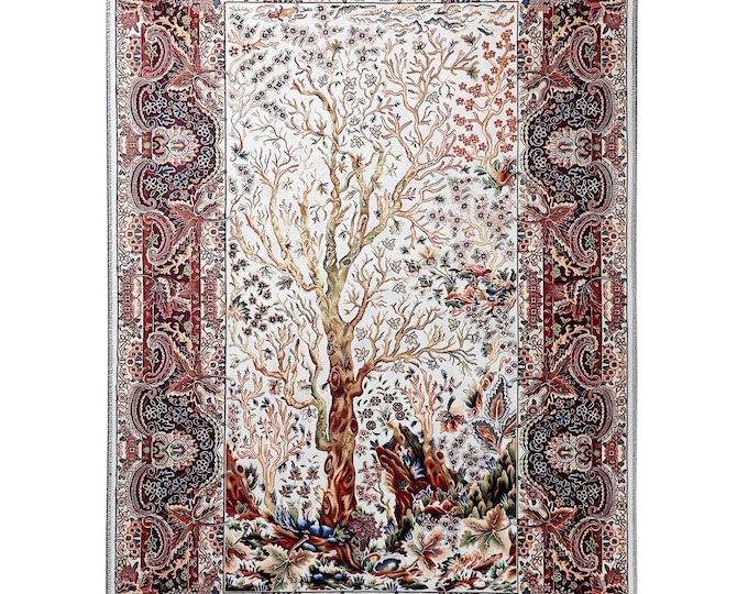 Prayer Rug Tree of Life Design – White Burgundy Islamic Carpet for Prayer Room Wall Decor – Unique Muslim Gift for Her Mom Dad Men Women