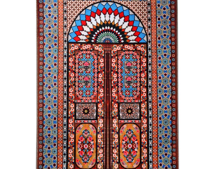 Prayer Rug – Colorful Stained Glass Door Design with Floral Motifs, Islamic Wall and Floor Mat for Unique Prayer Room Décor