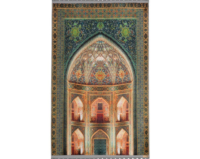 Prayer Rug – Green Islamic Mihrab Design – Soft Velvet Muslim Prayer Mat for Wall and Floor Us
