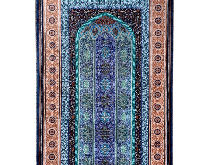 Prayer Rug Blue Brown Mihrab – Custom Islamic Wall Tapestry Turkish Prayer Carpet Luxury Gift for Mom Dad Women Men Personalized Decor 4x6