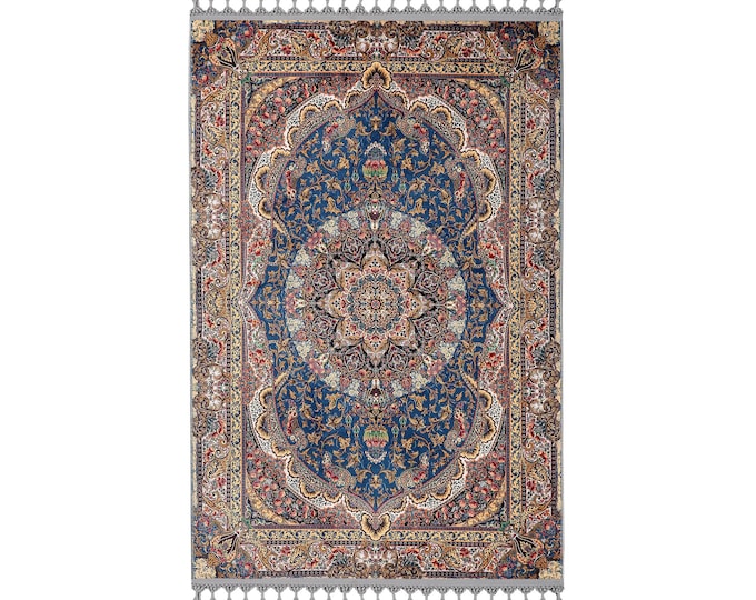Prayer Rug –Royal Blue Persian Carpet – Luxury Silk Prayer Rug with Floral Lotus Medallion – Soft Turkish Mat for Bedroom, Wall Decor carpet