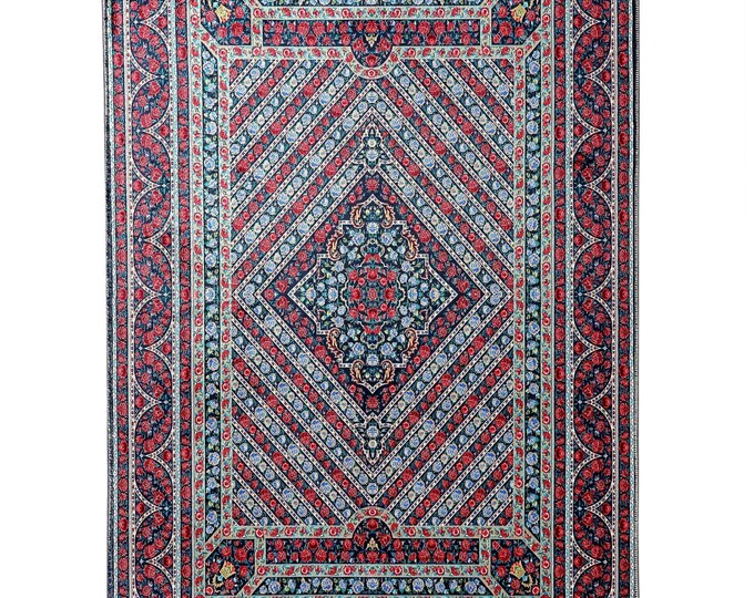 Prayer Rug – Red and Blue Geometric Mat – Silk-Feel Muslim Prayer Rug for Men and Women – Bedroom, Living Room and Entryway Decor
