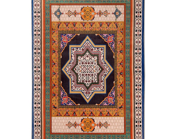 Prayer Rug – Geometric Star Motif Islamic Mat with Tassels, Colorful Ottoman-Inspired Wall and Floor Decor for Living Room