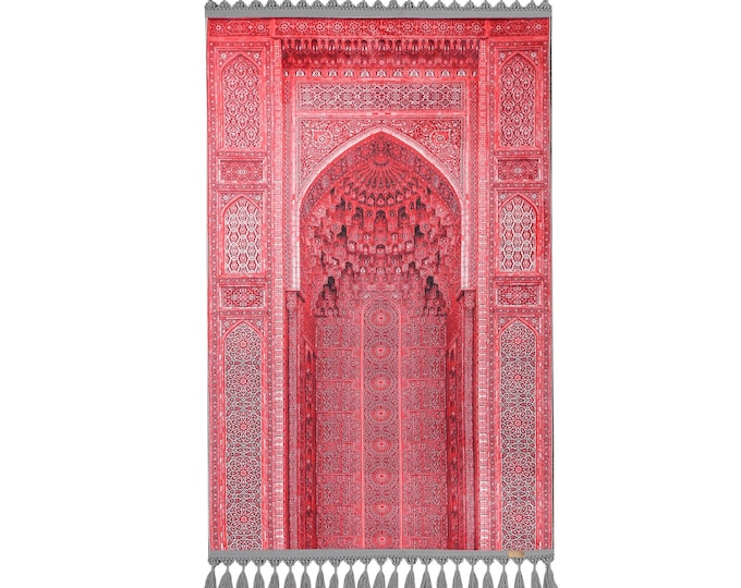 Prayer Rug – Red Soft Silk Turkish Mat with Mihrab | Custom Name Muslim Gift | Qibla Prayer Room Decor | Personalized Islamic Carpet