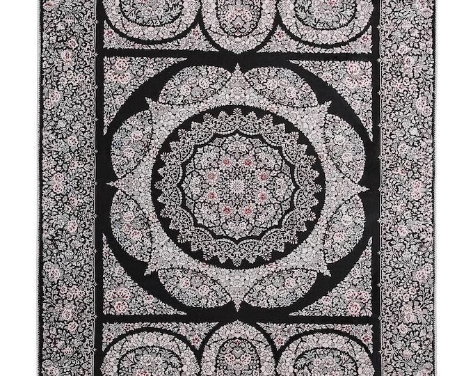 Black Floral Turkish Soft Silky Rug : Bedroom, Living Room, Entryway, Kitchen Area Rugs