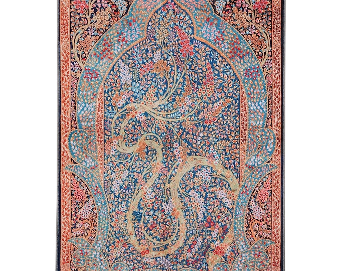 Prayer Rug – Islamic Floral Mat in Blue and Red – Non Slip Turkish Muslim Gift – Luxury Janamaz for Mom and Dad – Room or Wall Decor 4x6 ft
