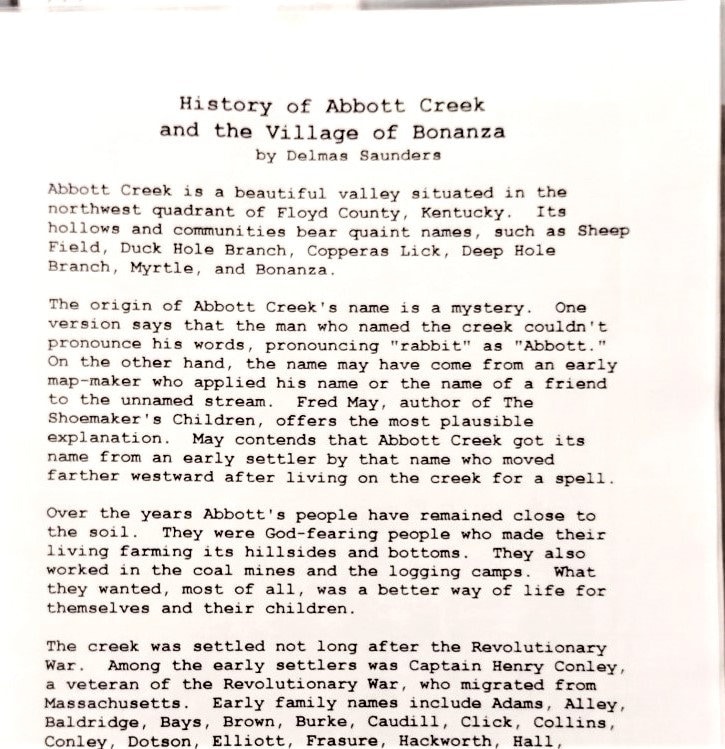 The History of Abbott Creek and the Village of Bonanza, Kentucky, by