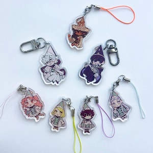 Könnte beinhalten: Eine Sammlung klarer Acryl-Anhänger mit farbenfrohen Charakteren im Anime-Stil. Jeder Anhänger hat ein einzigartiges Design, mit Charakteren, die Hüte und Roben tragen. Einige Anhänger haben silberne Schlüsselanhänger oder farbige Lanyards.
