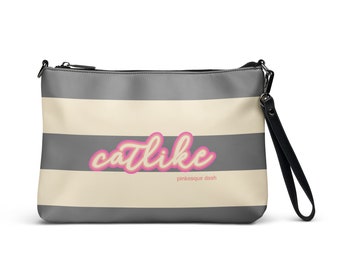 Grey Striped Tote Bag with Catlike Text and Pink Outline | Stylish Fashion Accessory