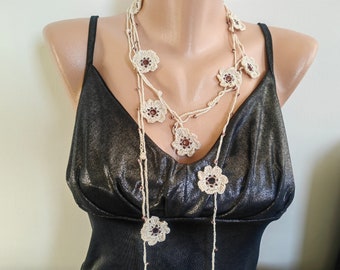 Handmade Beige Crochet Flower Necklace: Beaded Cotton Jewelry