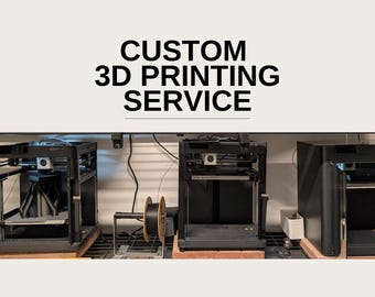May include: The image displays three black 3D printers, with spools of filament visible. The text at the top reads "CUSTOM 3D PRINTING SERVICE". The printers are set up in a workshop environment.