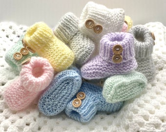 Kiddashery 0-3 months Baby Booties, hand knitted, button detail, 9cm, 7 colours, Pram shoes