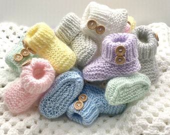 Kiddashery 0-3 months Baby Booties, hand knitted, button detail, 9cm, 8 colours, Pram shoes