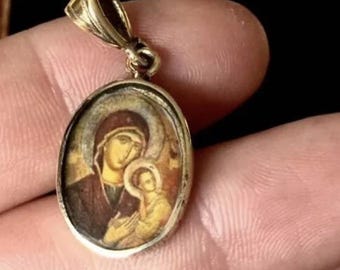 Maagd Maria-hanger verguld messing | Orthodox-katholieke icoon ketting | Religieuze sieraden Madonna en kind