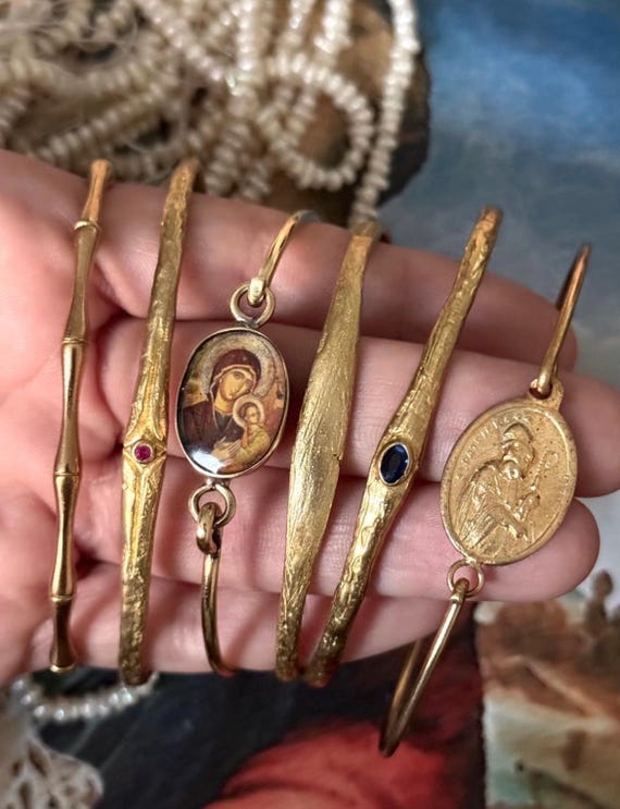 Pure Brass Religious Icon Bracelet | Saint Medallion Cuff Bangle