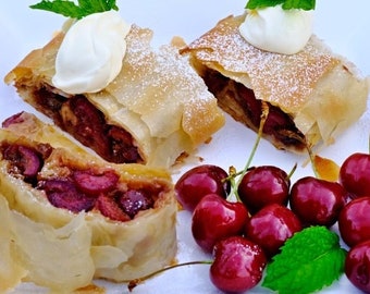 Cherry strudel, European pastry, homemade strudel