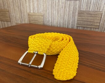 Yellow Hand Knitted Belt , Handmade belt , Belt Buckle , Washable Belt