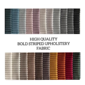 High-quality bold striped upholstery fabric, available in 21 colors. Durable and perfect for elegant furniture. Sold by the yard.