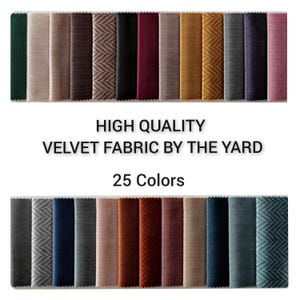 Luxurious velvet upholstery fabric available in 25 colors. High-quality, durable, and perfect for elegant furniture. Sold by the yard.