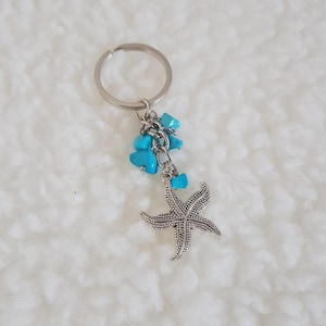 Starfish Keyring Bag Charm Silver Tone Blue Turquoise Style Chips Coastal Ocean Beach Gift