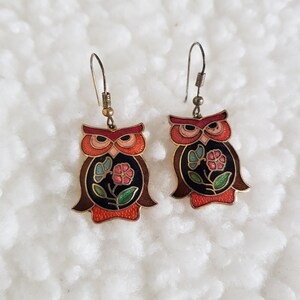 Vintage Enamel Owl Earrings Dangle Drop Cloisonne Style Multicolour Red Gold Tone Whimsical Boho