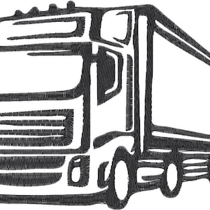 May include: Black and white line drawing of a semi-truck with a trailer. The truck has a large windshield and a grill with horizontal lines. The trailer is a rectangular shape with a flatbed.