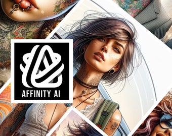 May include: A collage of images featuring women with tattoos and piercings. The images are arranged in a grid pattern and include a logo for Affinity AI.