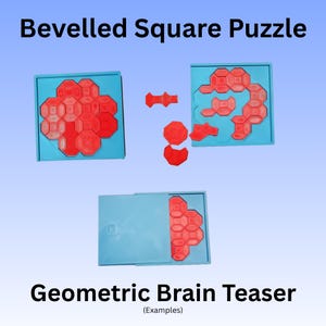 May include: A geometric brain teaser puzzle with red beveled square pieces. The puzzle is in a blue square frame. The text "Bevelled Square Puzzle" and "Geometric Brain Teaser" are displayed.