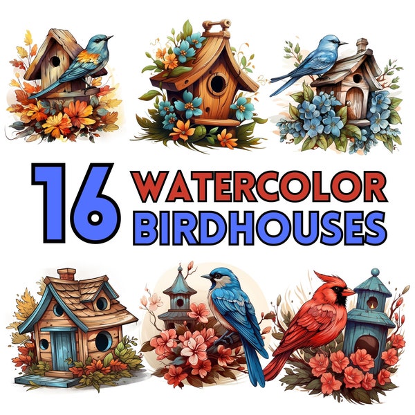 Watercolor Bird Houses Clipart Springtime Cute Birdhouses and Blossoms PNG Card Making Mixed Media Digital Paper Craft Bird Nest Clipart