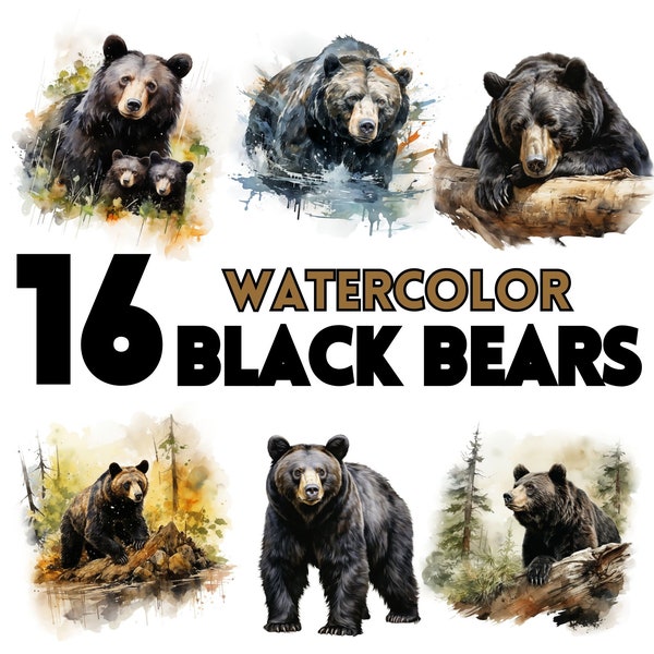 Watercolor Black Bears Clipart Black Bear Png Woodland Clipart Forest Animals Scrapbook Junk Journal Paper Crafts Scrapbooking Dark Bear
