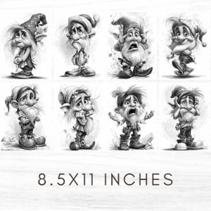 May include: Black and white illustration featuring eight whimsical gnome characters with expressive faces and detailed clothing. The artwork is printed on an 8.5 x 11 inch sheet. Each gnome has a unique pose and facial expression, creating a charming and detailed design.
