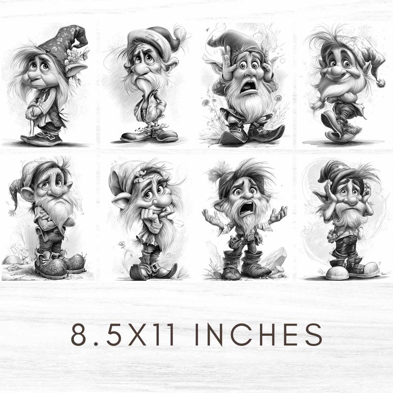 May include: Black and white illustration featuring eight whimsical gnome characters with expressive faces and detailed clothing. The artwork is printed on an 8.5 x 11 inch sheet. Each gnome has a unique pose and facial expression, creating a charming and detailed design.