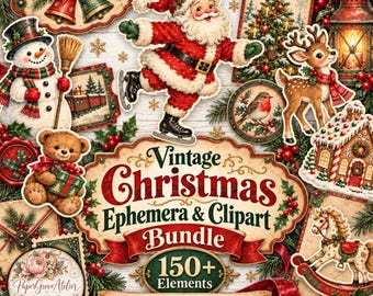 Könnte beinhalten: Eine digitale Sammlung von Vintage-Weihnachts-Ephemera und Clipart mit dem Weihnachtsmann auf Schlittschuhen, einem Schneemann, einem Teddybären, einem Rentier, einem Lebkuchenhaus, einem Schaukelpferd und einer Laterne mit dem Text Vintage Christmas Ephemera & Clipart Bundle.