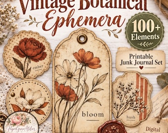 Può includere: Una collezione di effimeri botanici vintage con etichette di carta con illustrazioni floreali nei toni del ruggine, crema e marrone. Il testo include Vintage Botanical Ephemera, 100+ Elements, Printable Junk Journal Set, bloom, ember e hush.