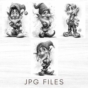 May include: Black and white illustrations of whimsical gnomes in various poses. Each gnome has a long beard, pointed hat, and detailed clothing. The image includes the text "JPG FILES" at the bottom.