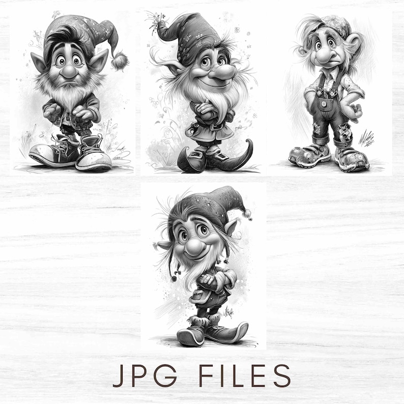 May include: Black and white illustrations of whimsical gnomes in various poses. Each gnome has a long beard, pointed hat, and detailed clothing. The image includes the text "JPG FILES" at the bottom.