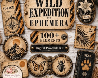 Può includere: Una collezione di effimeri in carta in stile vintage con il testo WILD EXPEDITION EPHEMERA e 100+ ELEMENTS. Il set include etichette e cartoline con illustrazioni di una bussola, montagna, farfalla, scarabeo, giglio e un'impronta di zampa.