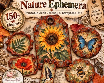 Può includere: Un kit per il download digitale intitolato Rustic Autumn Nature Ephemera con oltre 150 elementi. La collezione include etichette decorate con un girasole, una farfalla blu, un papavero, un'ape e una rondine su uno sfondo arrugginito.