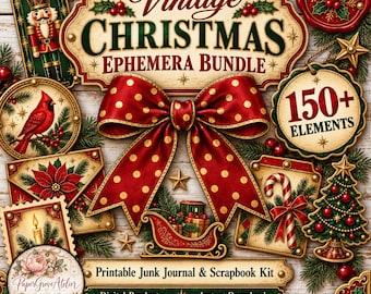 Könnte beinhalten: Ein Vintage-Weihnachts-Ephemera-Paket mit einer großen rot-goldenen gepunkteten Schleife, einem Nussknacker, einem Kardinal, einer Zuckerstange und einem Weihnachtsbaum. Der Text lautet Vintage Christmas Ephemera Bundle, 150+ Elements, Printable Junk Journal & Scrapbook Kit, Digital Product, Instant Download und PaperGrove Atelier.