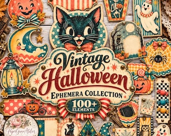 Può includere: Una collezione di efemeridi vintage di Halloween con oltre 100 elementi, tra cui un gatto nero, zucche, fantasmi, uno scheletro in una bara, una luna crescente, un gufo, un ragno, lanterne e un cartello con la scritta Vintage Halloween Ephemera Collection.
