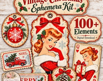 Könnte beinhalten: Ein digitales Weihnachts-Ephemera-Set mit Vintage-Illustrationen, darunter eine rote Kugel, eine Frau im Weihnachtsmann-Outfit, ein roter LKW, ein Tannenzapfen und eine Herz-Dame-Spielkarte, mit dem Text Vintage Christmas Ephemera Kit.
