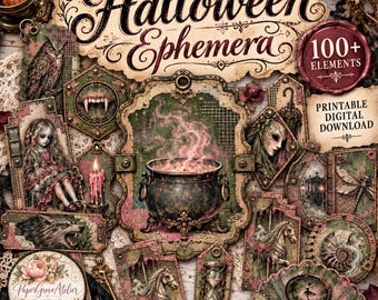 Könnte beinhalten: Eine Sammlung von Halloween-Ephemera mit einem zentralen Kessel mit rosa Rauch, umgeben von verschiedenen Vintage-Illustrationen wie einer Eule, einem Mädchen, einem Wolf, einem Karussellpferd, einer Sanduhr und einem Schlüssel, mit dem Text Halloween Ephemera.