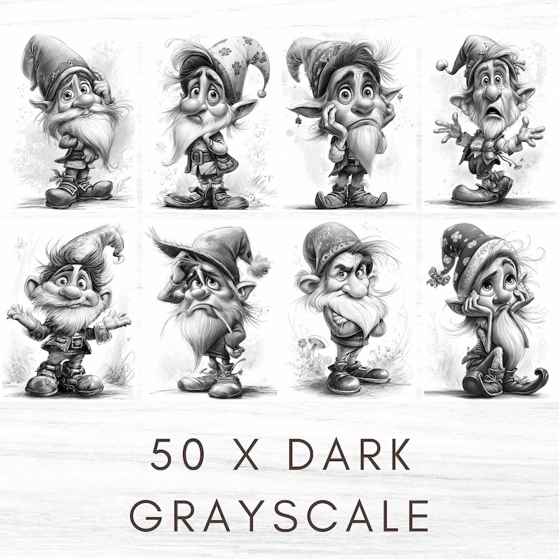 May include: A grayscale illustration featuring eight whimsical gnome characters with expressive faces and long beards. Each gnome wears a pointed hat and detailed clothing. The text "50 X DARK GRAYSCALE" is at the bottom.