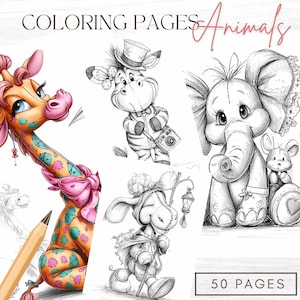 Beautiful Animals Coloring Book Cute Toys Printable JPG Files Adorable Animals Digital Grayscale Coloring Pages Digital Download