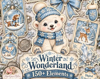 Könnte beinhalten: Ein digitales Download-Paket mit einem Eisbären in einer blauen Mütze und einem Schal mit Schneeflocken, umgeben von Winter-Anhängern, einer Schleife, einem Fäustling, einem Reh, einer Maus und Kristallen, mit dem Text Winter Wonderland 150+ Elements.