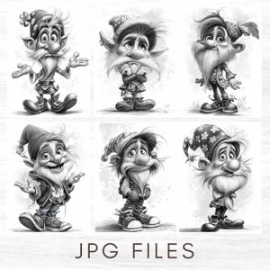May include: Black and white illustrations of six cartoon gnomes with expressive faces, long beards, and pointed hats. Each gnome has a unique pose and outfit. The text "JPG FILES" is at the bottom.